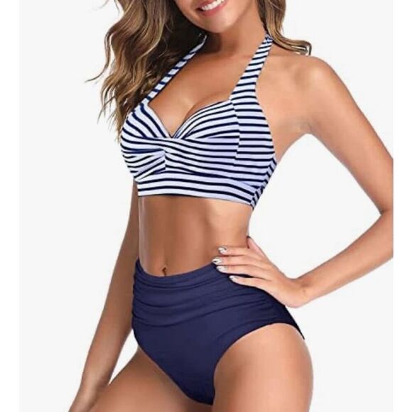Tempt Me Vintage Swimsuit Two Piece Retro Halter Ruched High Waist Bikini Medium - Picture 8 of 9
